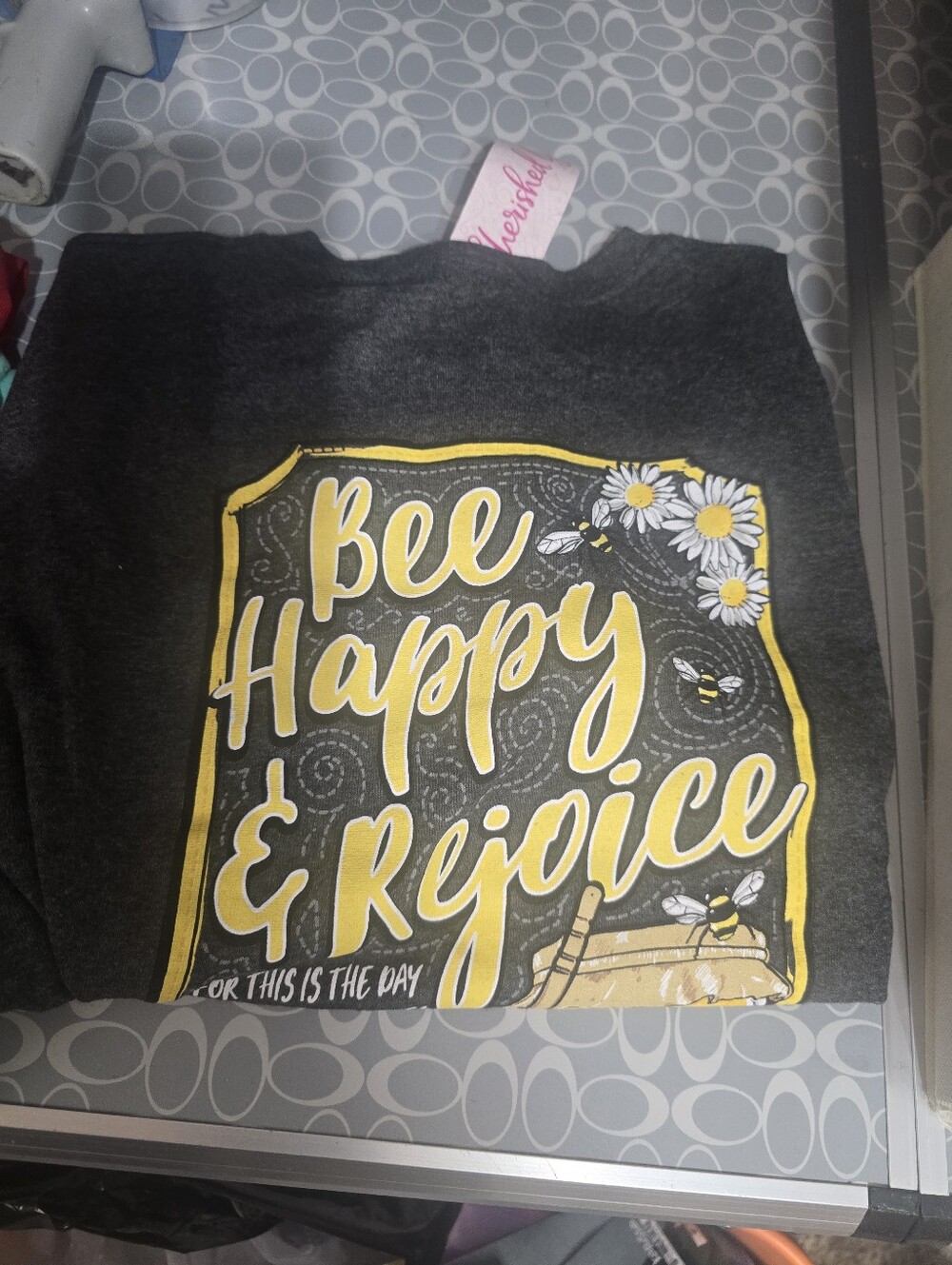 Womans 'Bee Happy & Rejoice' Graphic Tee - Dark Gray & Yellow - Picture 2 of 6